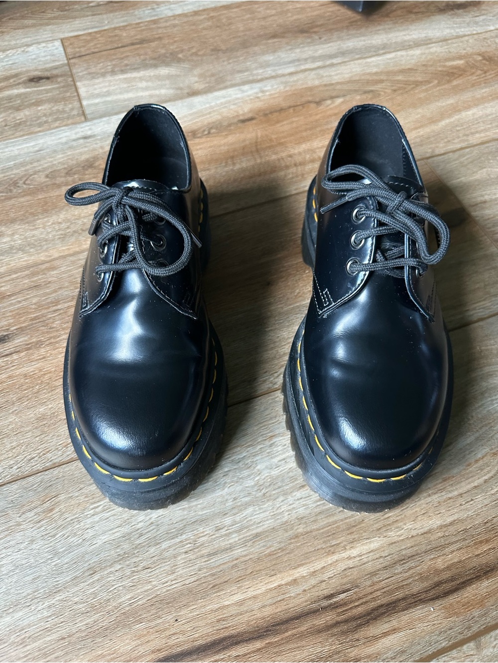 Dr. Martens 1461 Quad Black Leather Lace-Up Platform Oxfords W/ Yellow Stitching